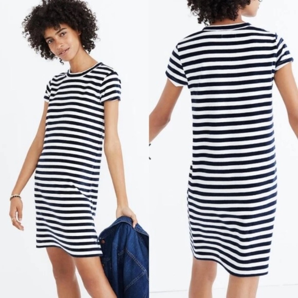 Madewell Dress Striped Velour Tee Dress, White Navy Blue, Size XXS